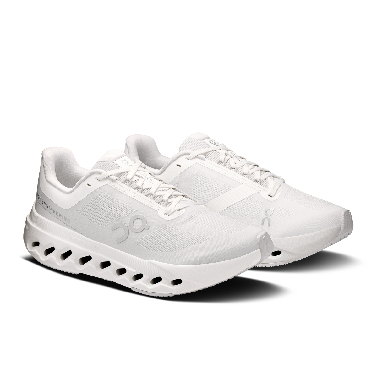 White women’s On running shoes, lace-up mesh upper with cushioned midsole