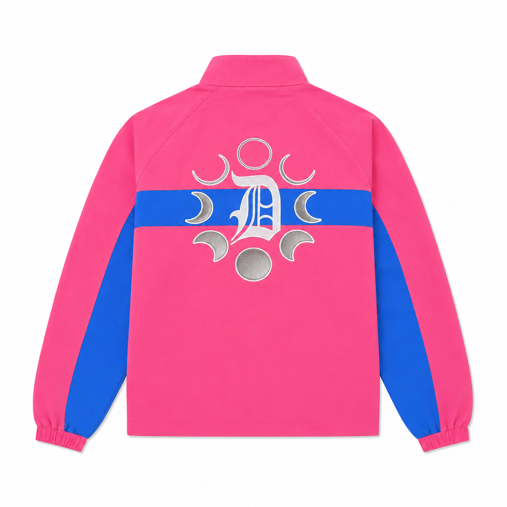 Men's pink and blue colorblock zip-up jacket with back print, stand collar, long sleeves