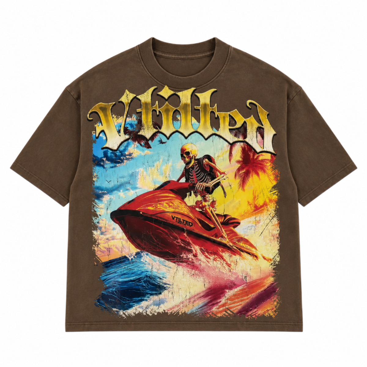 Men's brown tropical graphic T-shirt with colorful front print