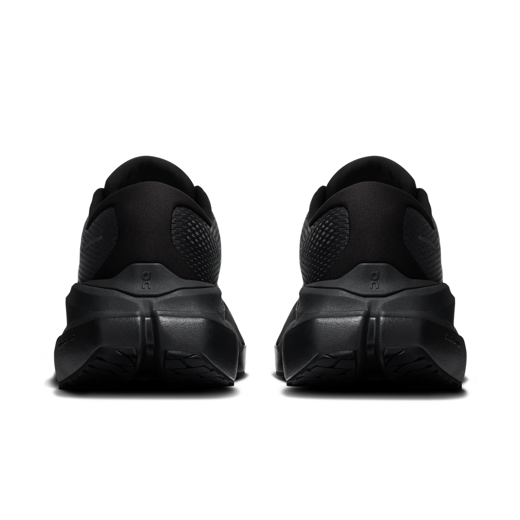 Men's black running shoes, rear view with padded heel and cushioned midsole