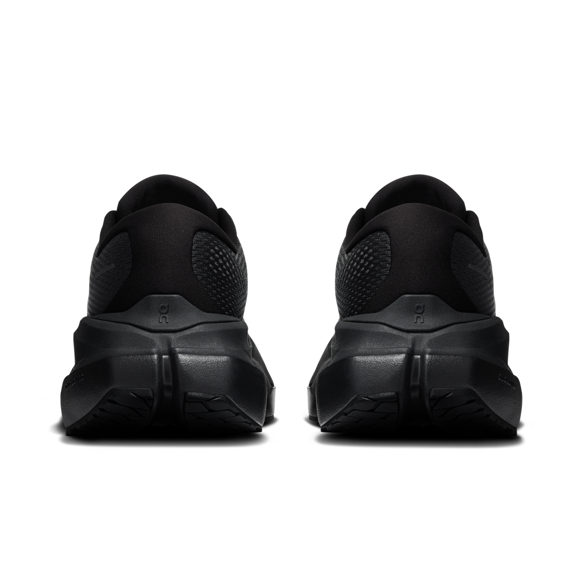 Men's black running shoes, rear view with padded heel and cushioned midsole