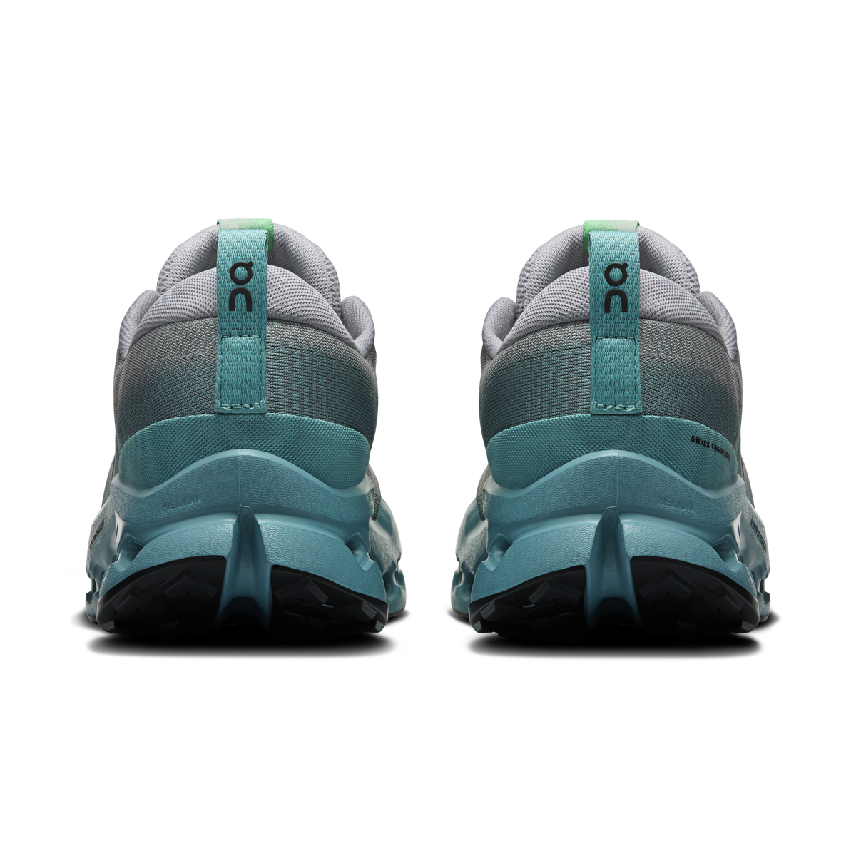 Men's trail running shoes heel view, light gray fabric with teal support and green logo.