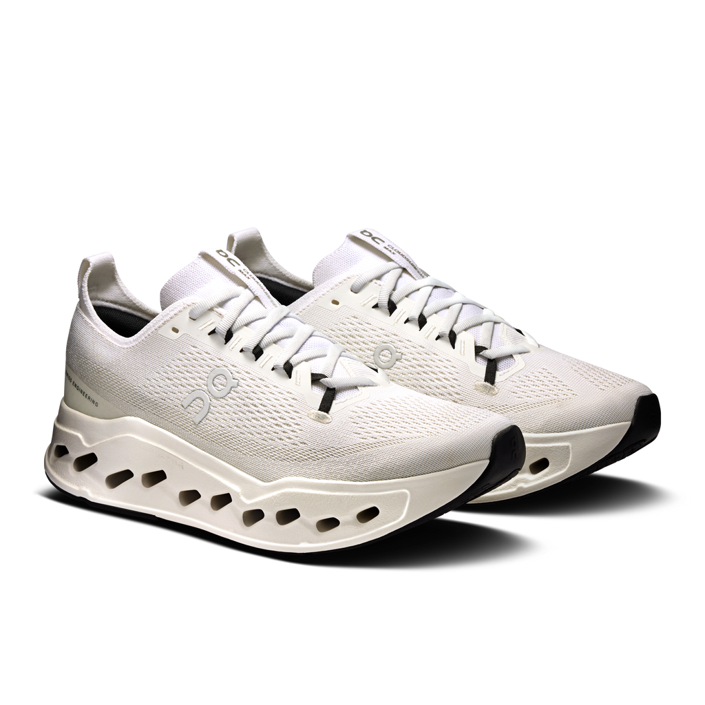 Men's white lace-up running shoes with black CloudTec pods, pair view