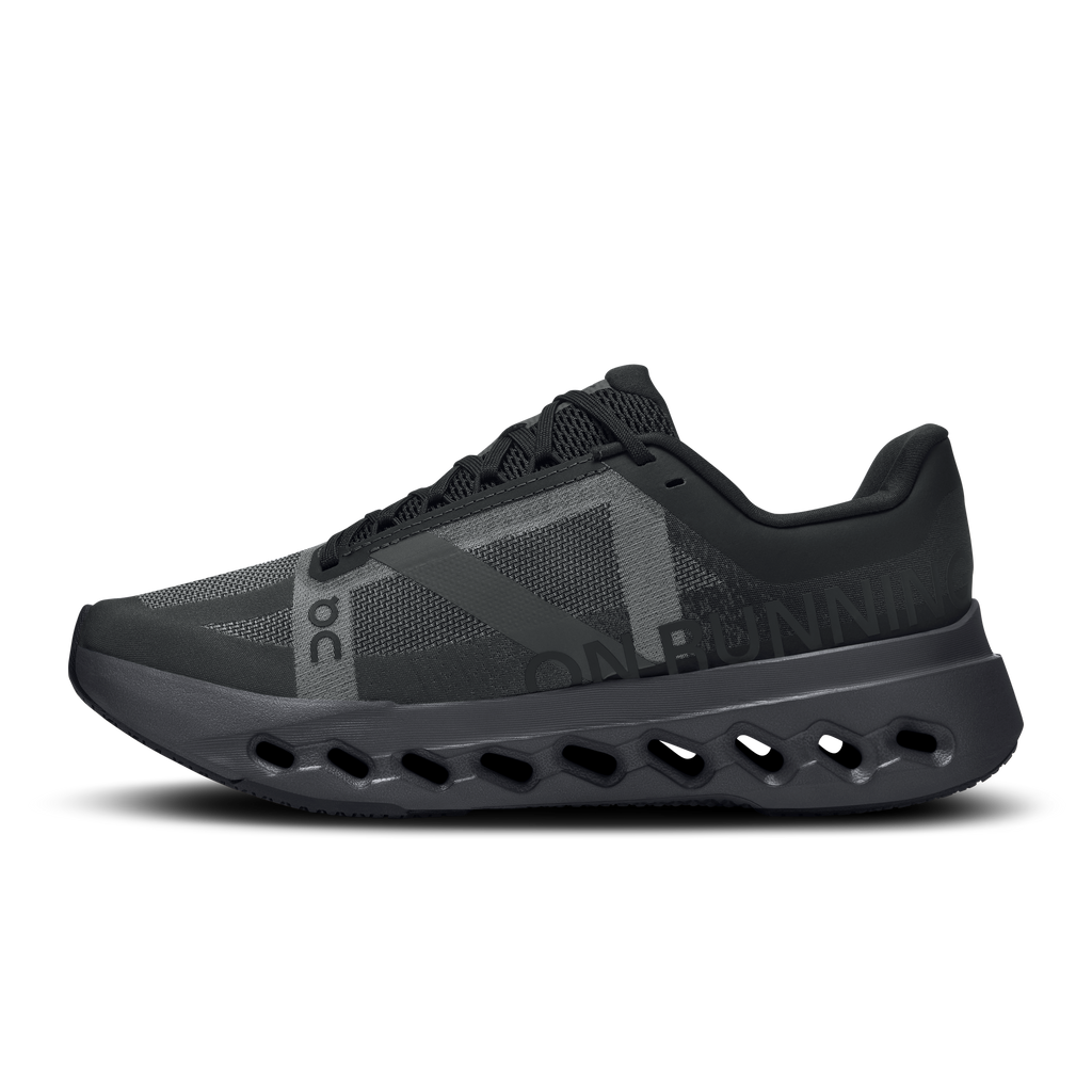 On Cloudsurfer Next running shoes, heel-side view, black knit upper and pods