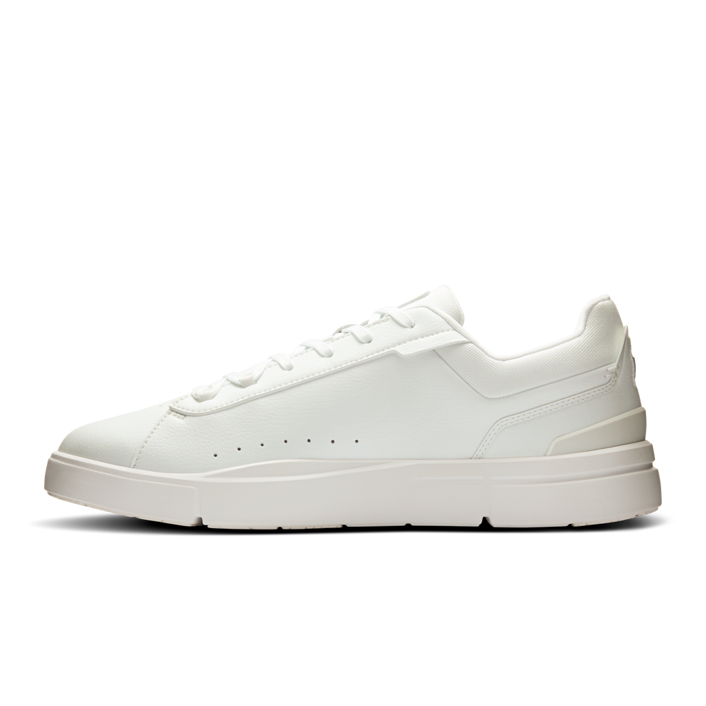 White lace-up sneaker with smooth toe cap, padded collar, and low-profile sole