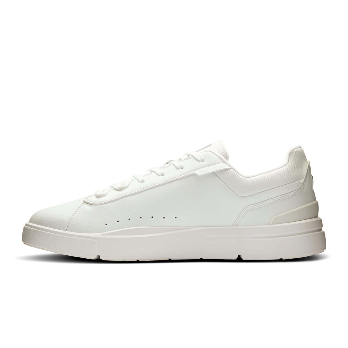 White lace-up sneaker with smooth toe cap, padded collar, and low-profile sole