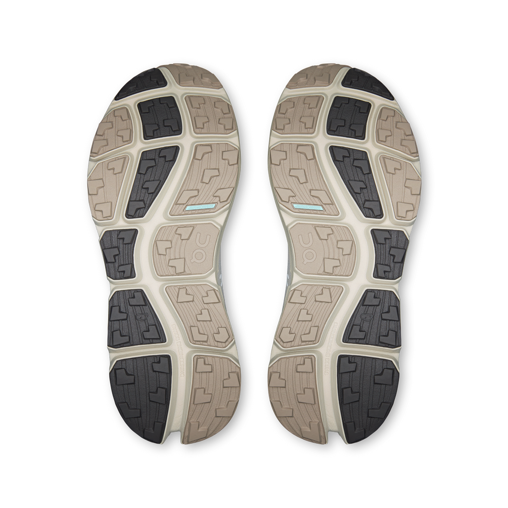 Women’s running shoes outsole view, textured traction tread with dark and light panels