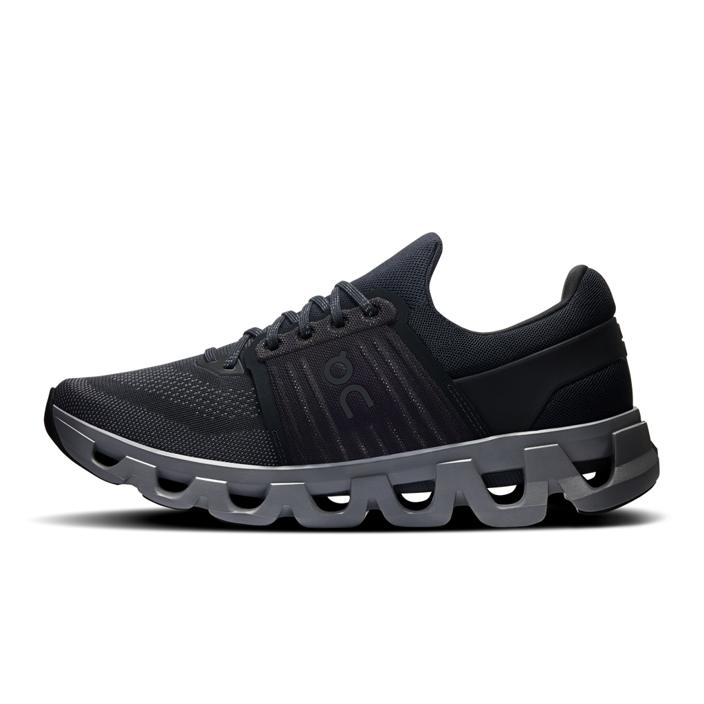 Men's On Cloudswift 4 running shoes, black side profile with gray sole pods.
