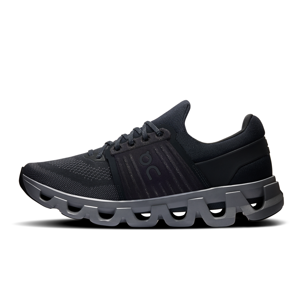 Men's On Cloudswift 4 running shoes, black side profile with gray sole pods.