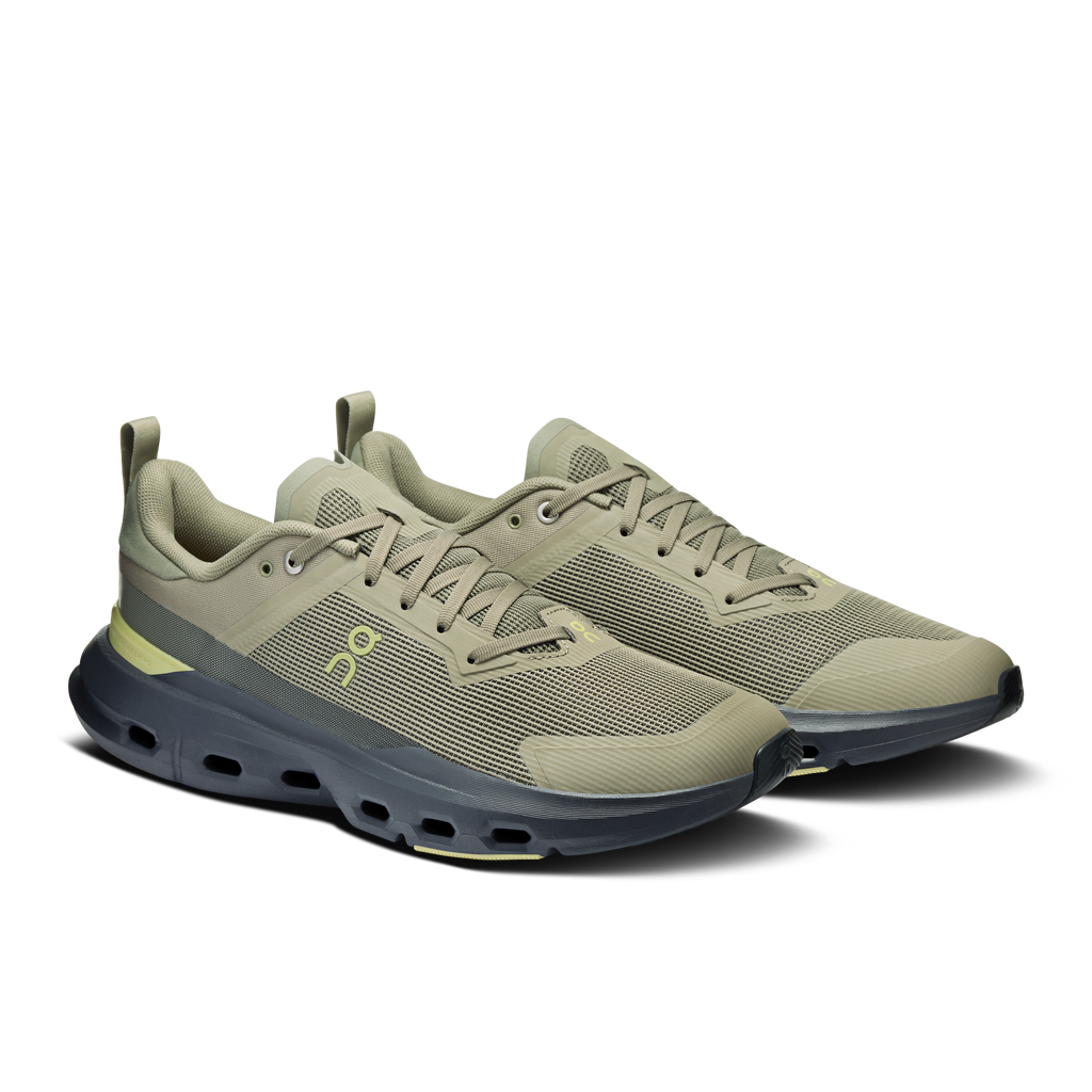 Pair of men's running shoes in olive and iron tones, lace-up mesh uppers, rounded toe