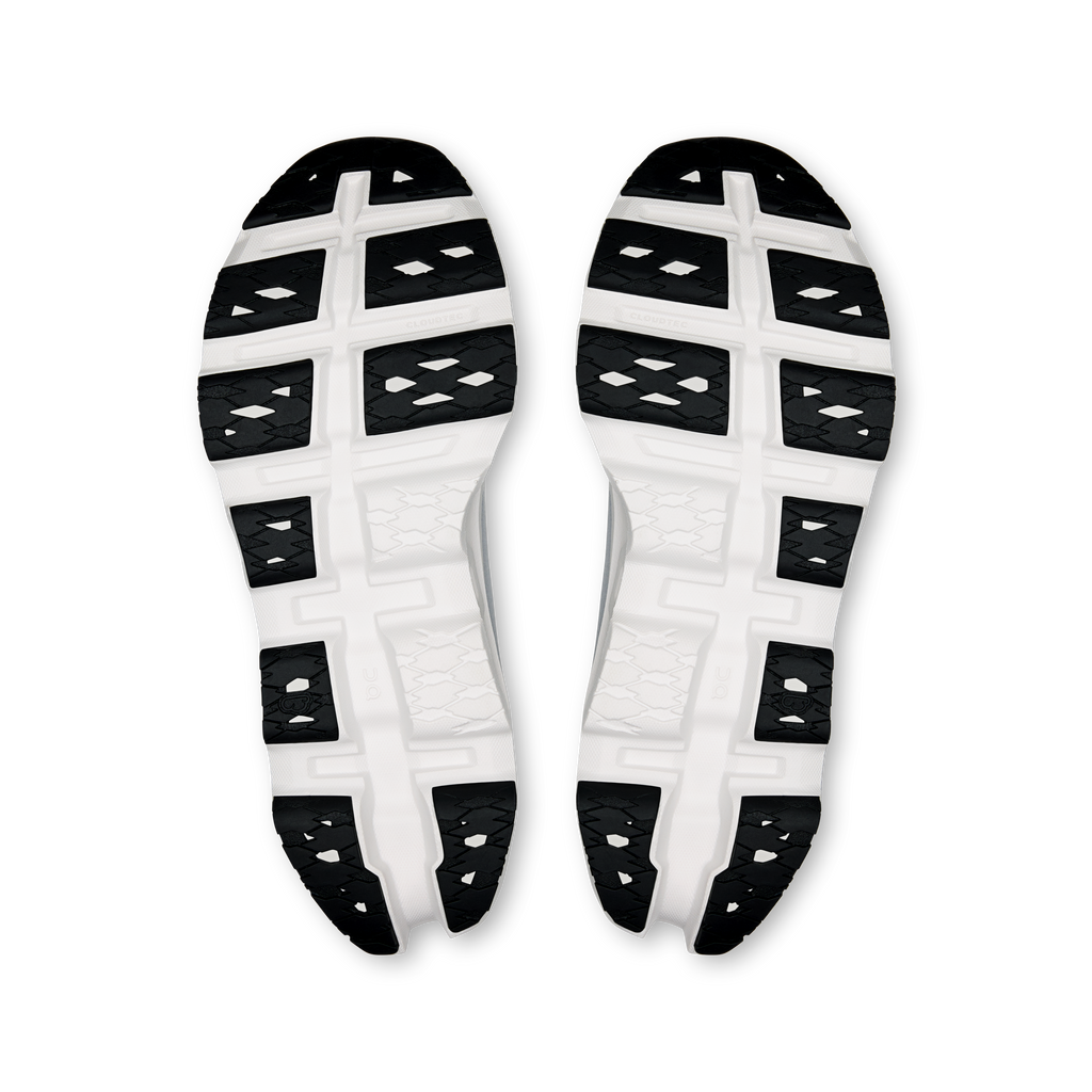Pair of shoe outsoles with patterned tread and white foam midsole