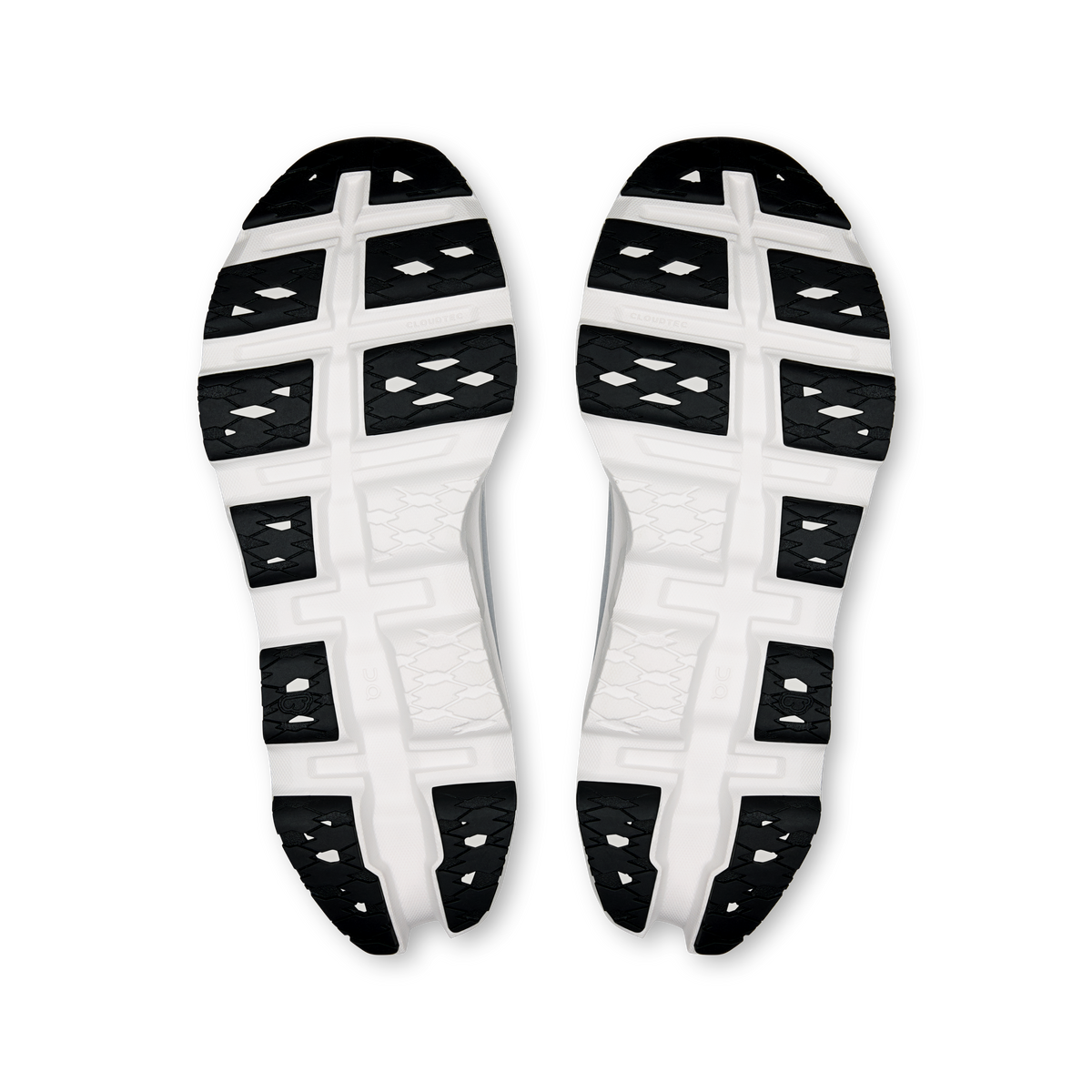 Pair of shoe outsoles with patterned tread and white foam midsole