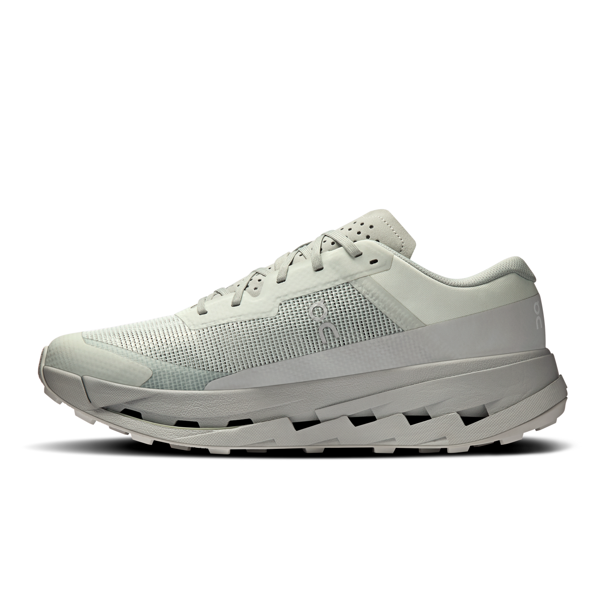 Men's running shoes, light blue-gray knit upper, lace-up, side logo, thick sole