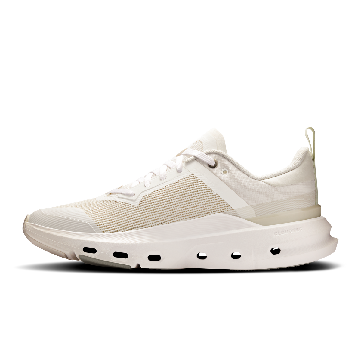 Women’s white running shoe with lace-up upper, side stripe, and CloudTec midsole
