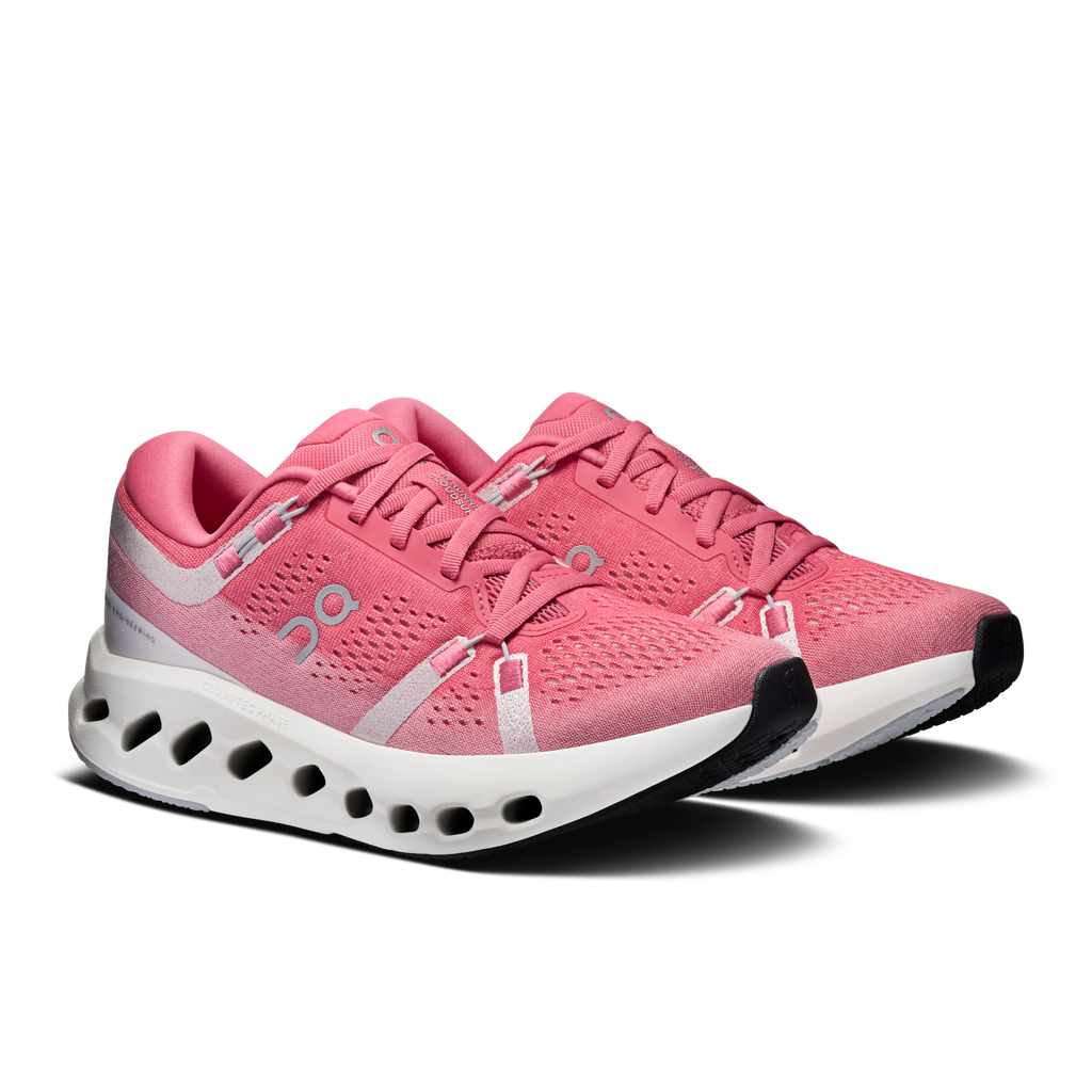 Women's On Cloudsurfer 2 running shoes, pink knit upper with ivory midsole and laces
