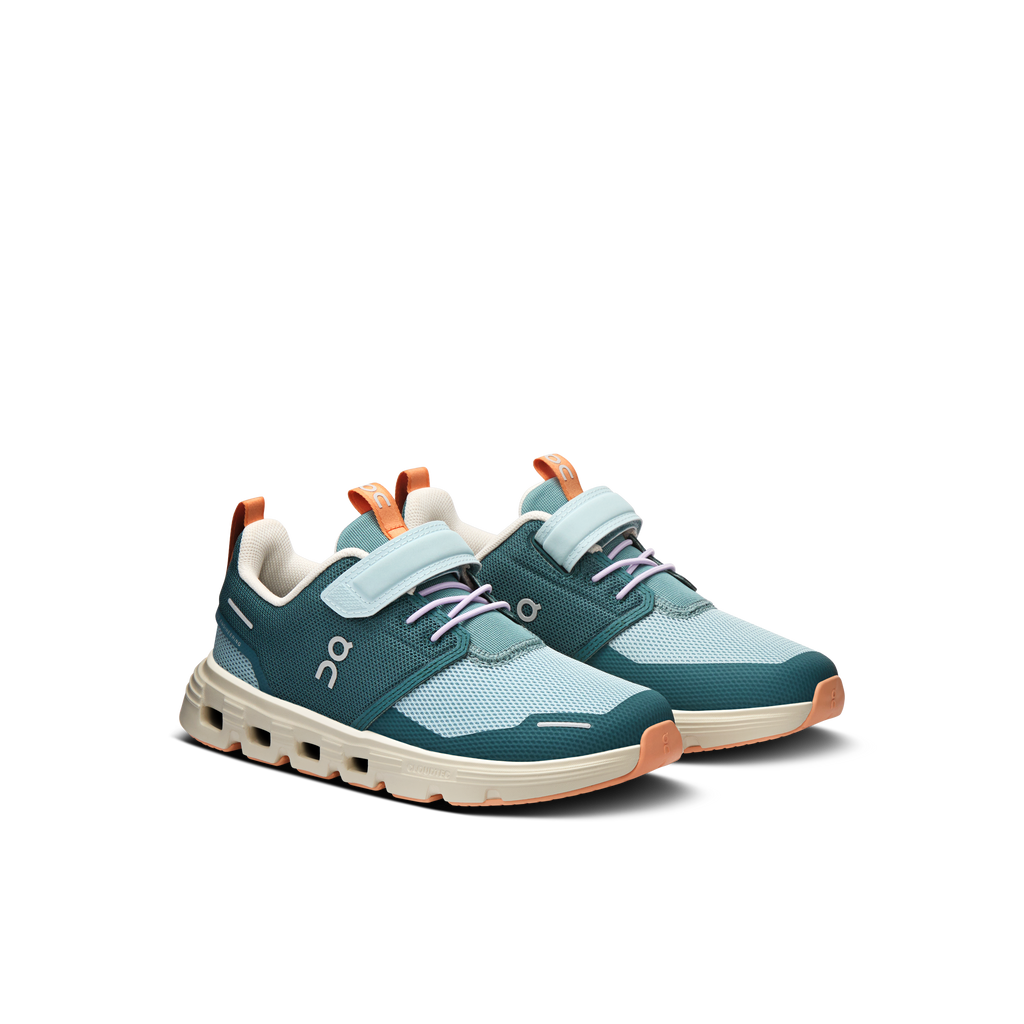 Kids' On Cloud Play 2 shoes, teal mesh with mint straps, white sole, orange heel