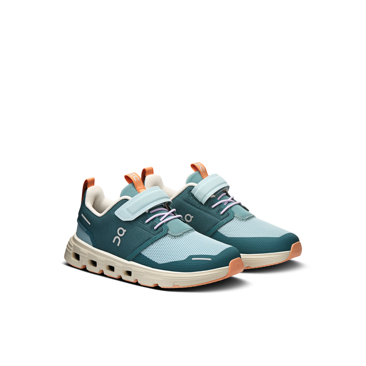 Kids' On Cloud Play 2 shoes, teal mesh with mint straps, white sole, orange heel