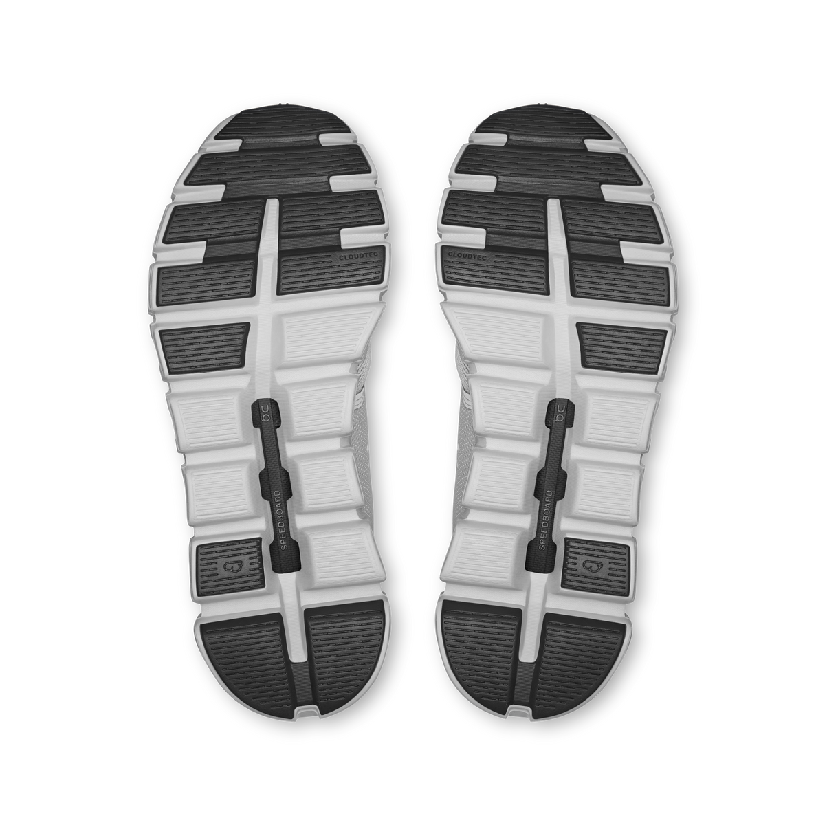 Women’s On Cloud 6 shoes outsole view with black tread and white midsole