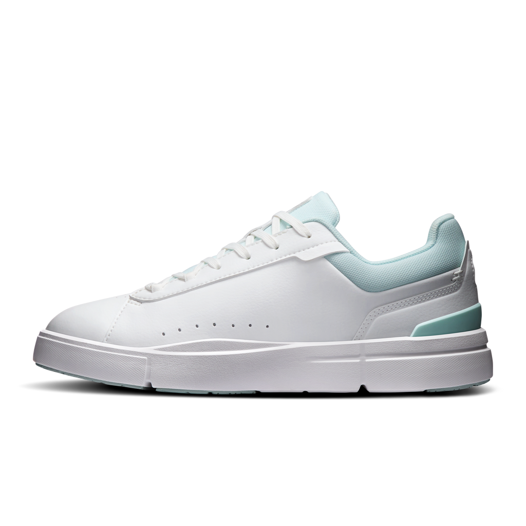 Women's white leather-look sneaker with light blue heel panel and laces
