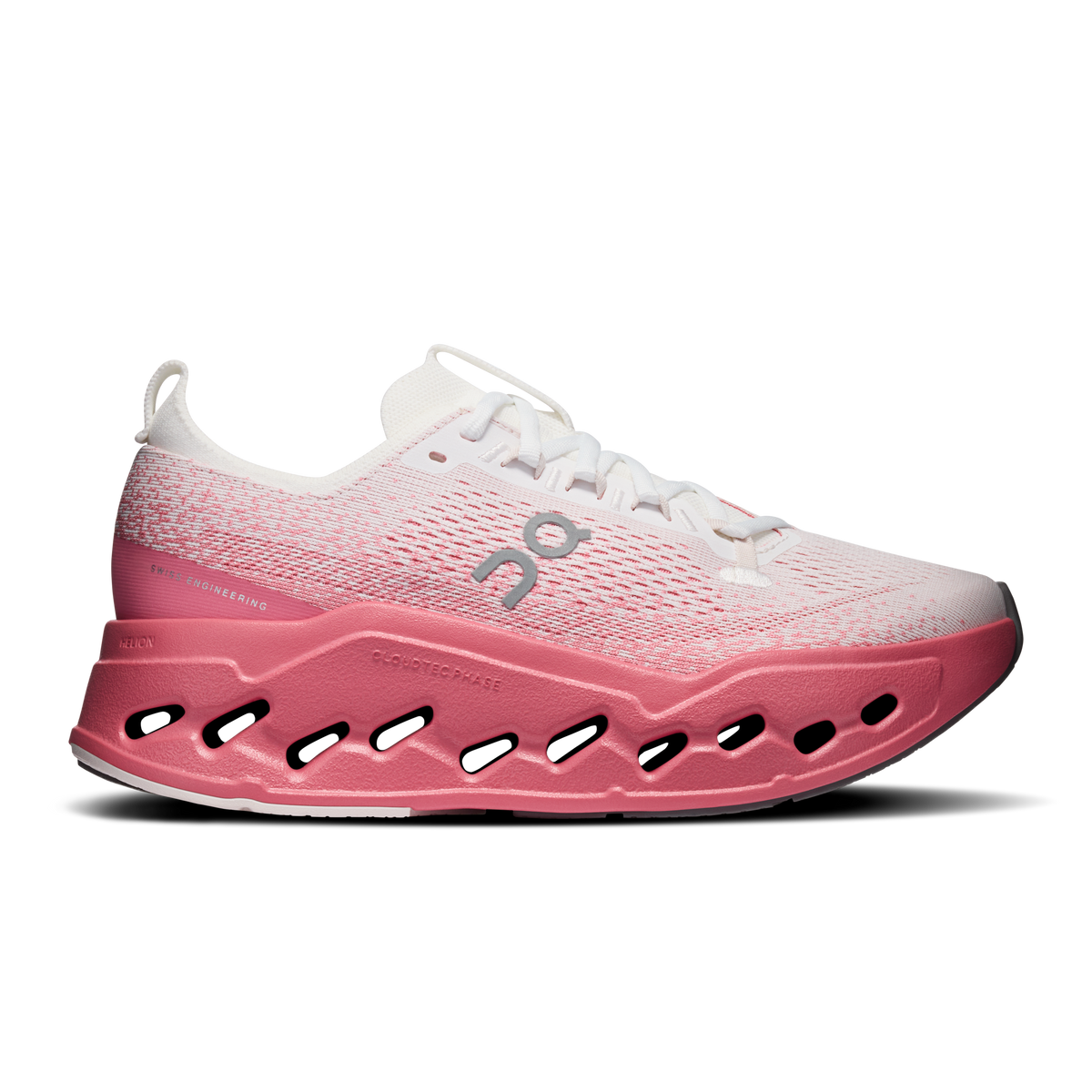 Women's running shoes, white knit upper with pink Cloud-style outsole
