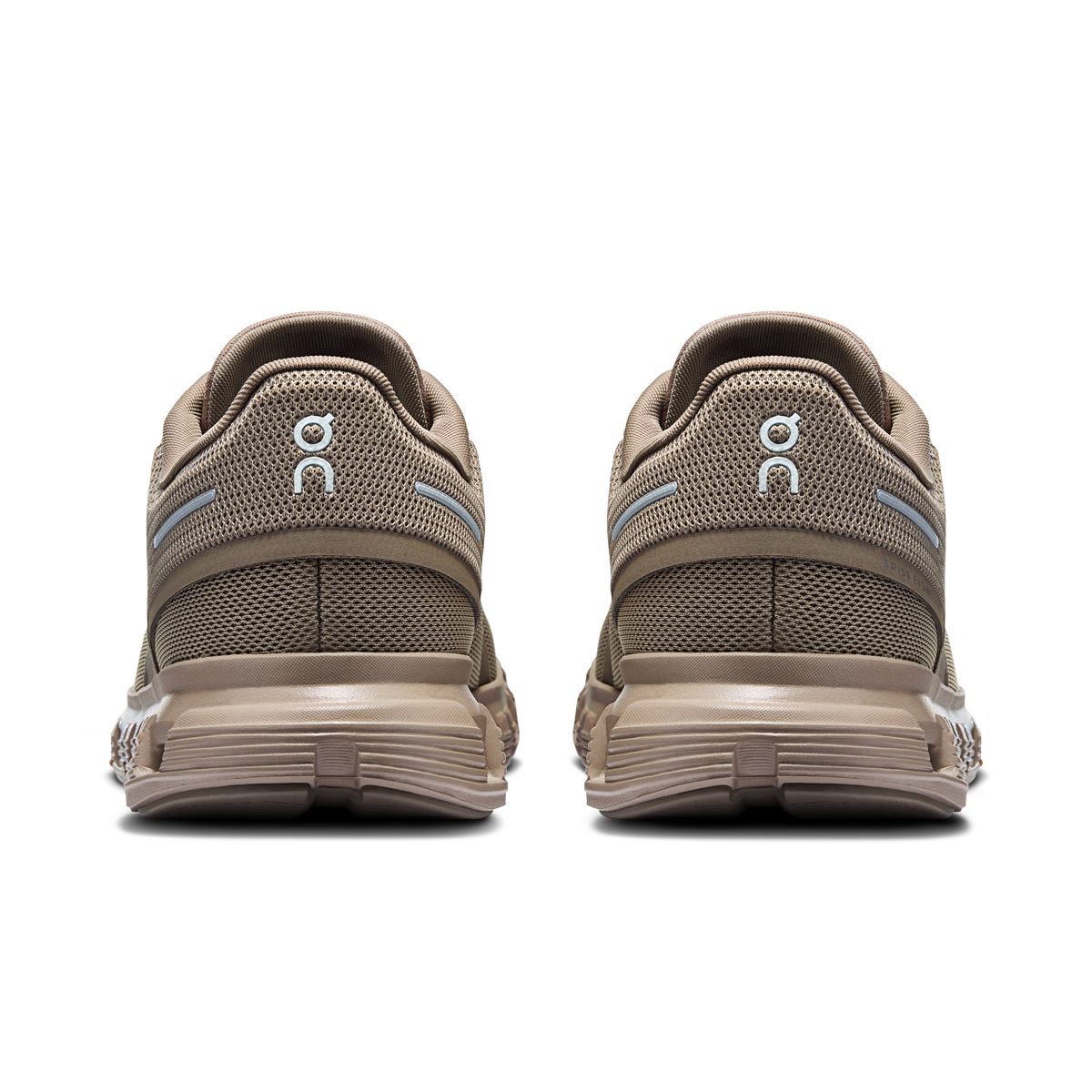 Women's On Cloud 6 shoes heel view, cinder and fog, padded collar, cushioned sole.
