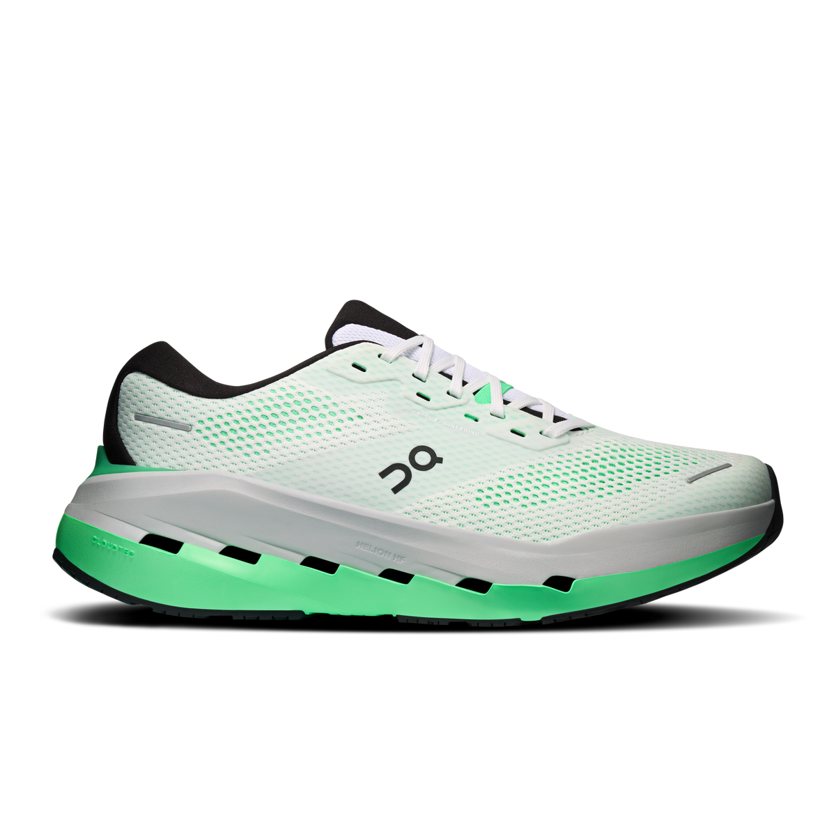 Men's lace-up running shoe with white mesh upper and green outsole