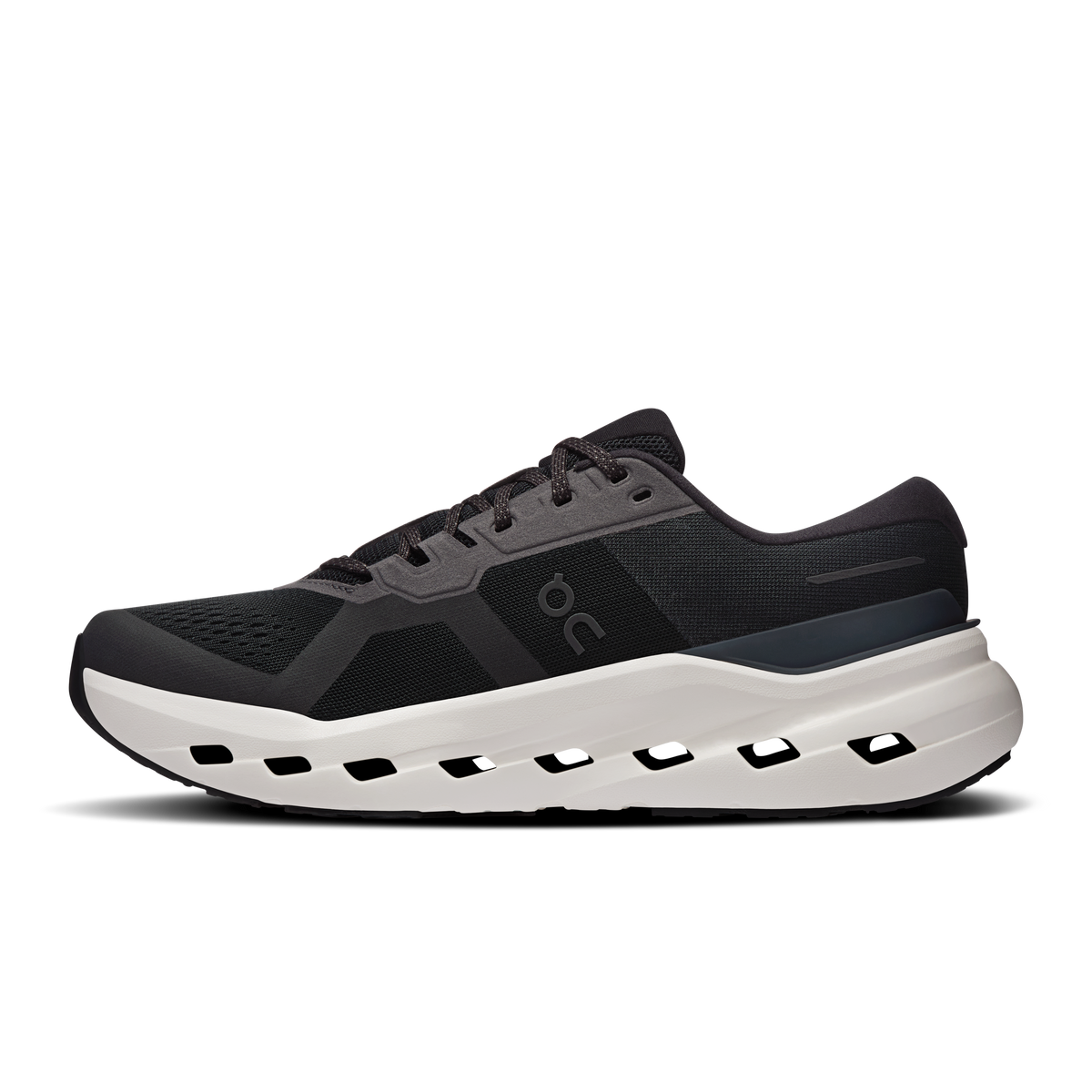Black lace-up running shoe with white cushioned sole and gray logo panels