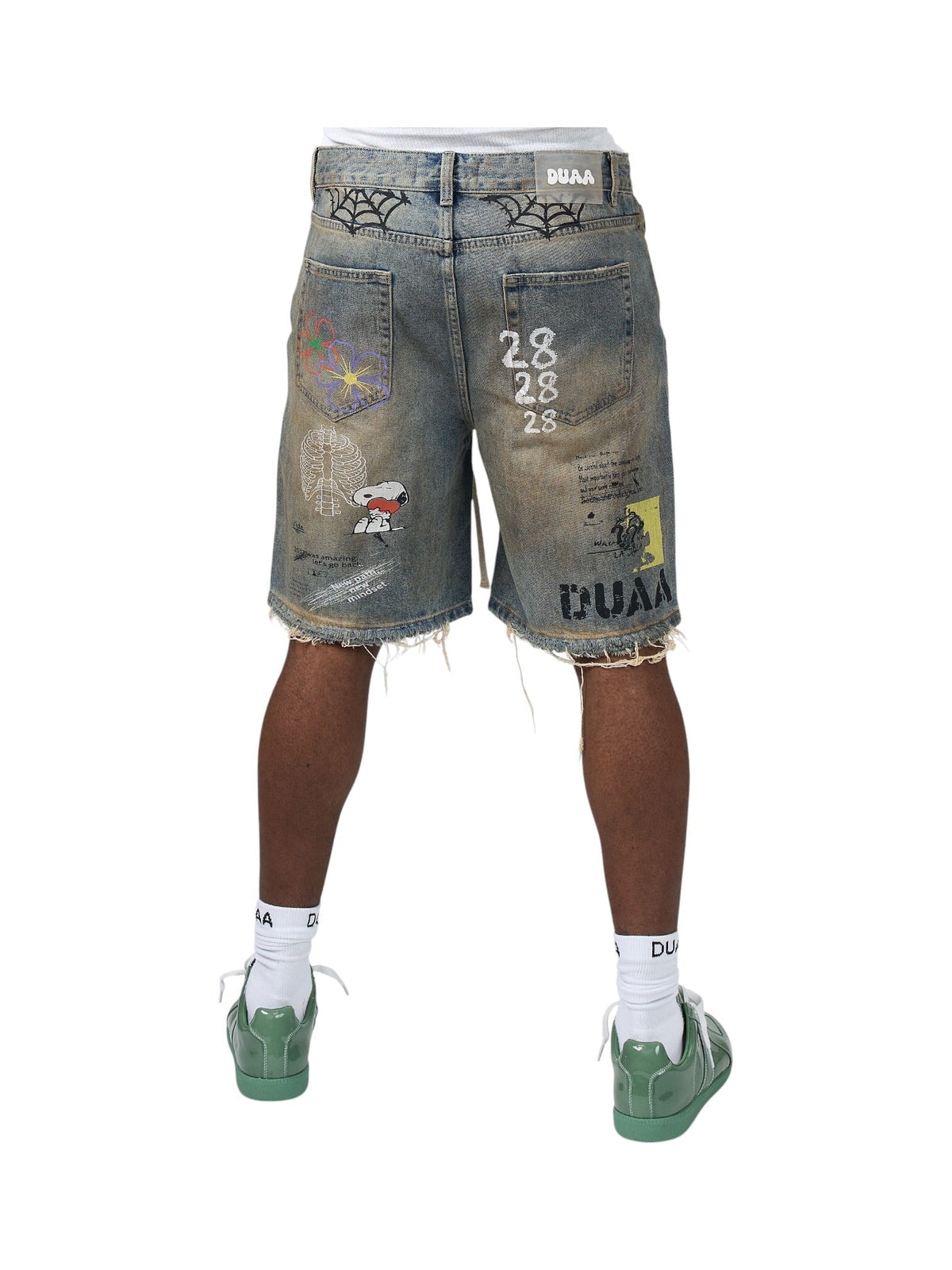 Men's blue denim shorts with stacked numbers and character prints, frayed cuffs