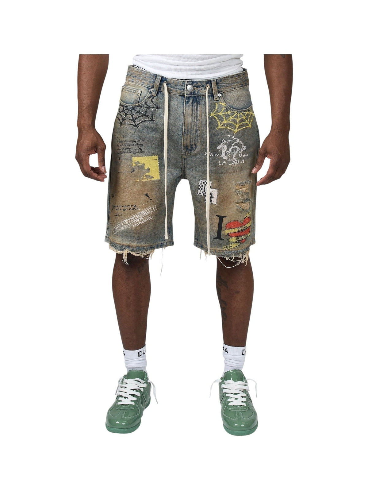 Men's blue denim shorts with allover graffiti prints, frayed hem and elastic waist