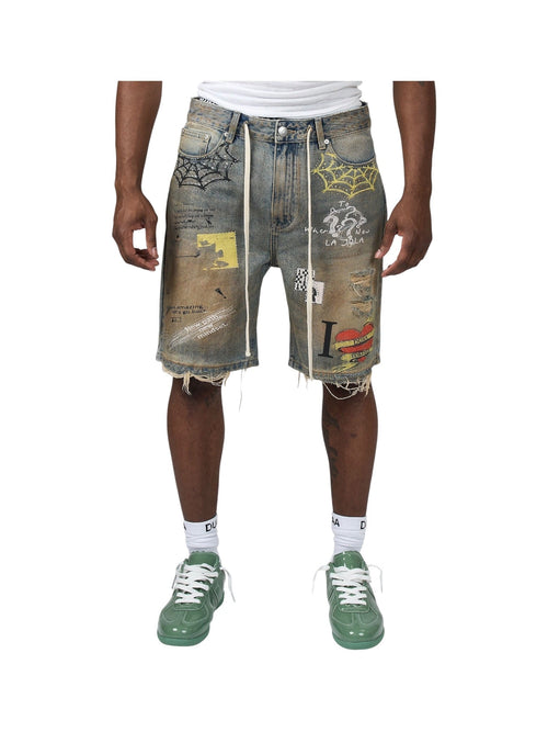 Men's blue denim shorts with allover graffiti prints, frayed hem and elastic waist