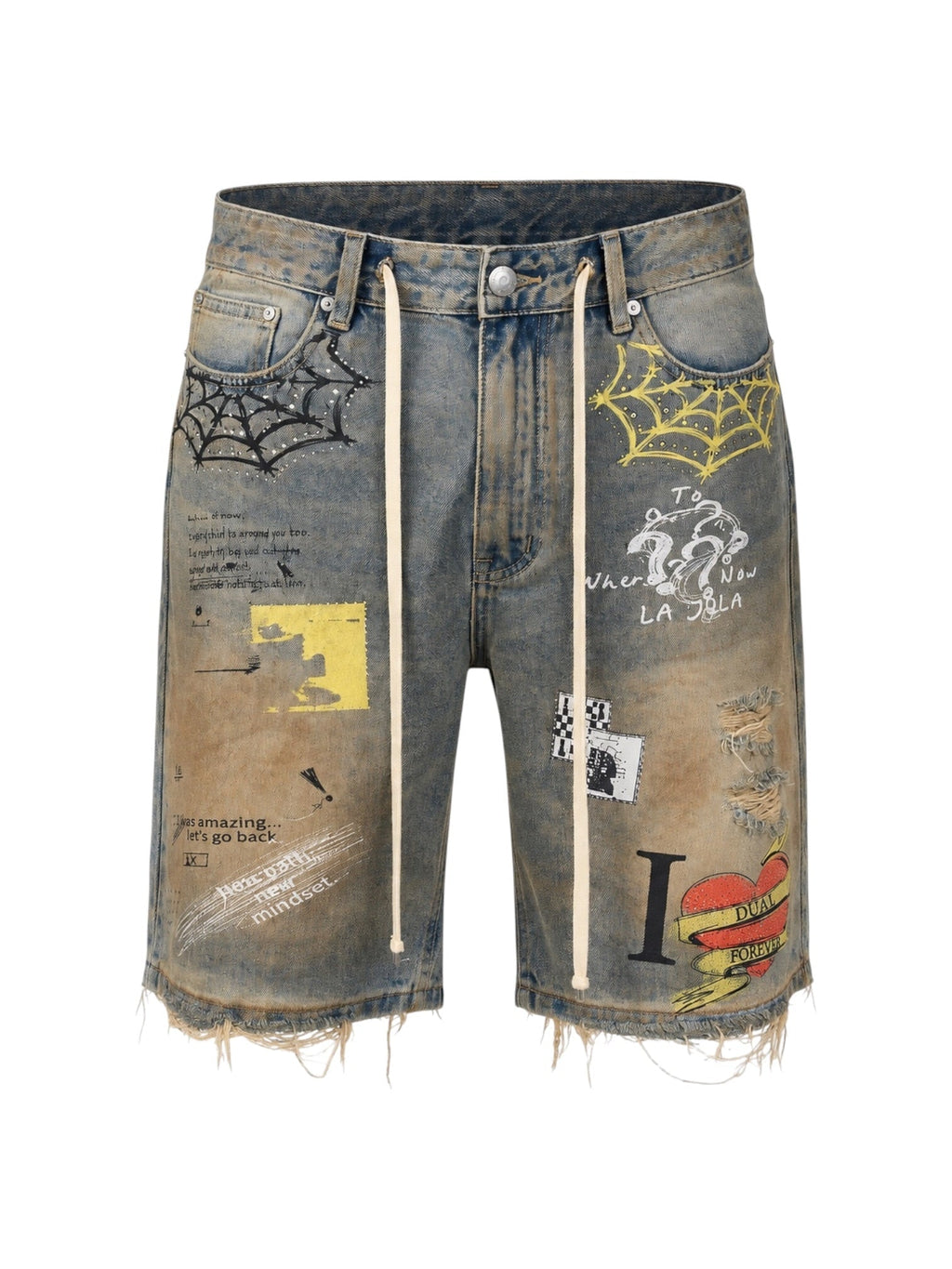 Blue denim men's shorts with web and graffiti prints, frayed hem and drawstring waist