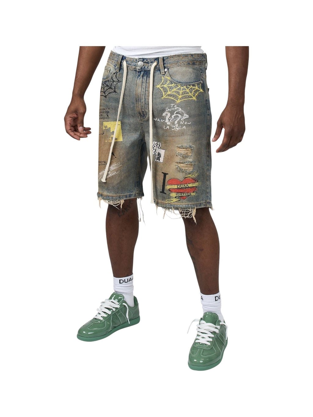 Men's blue denim shorts with spiderweb and graffiti, zip fly, frayed hem