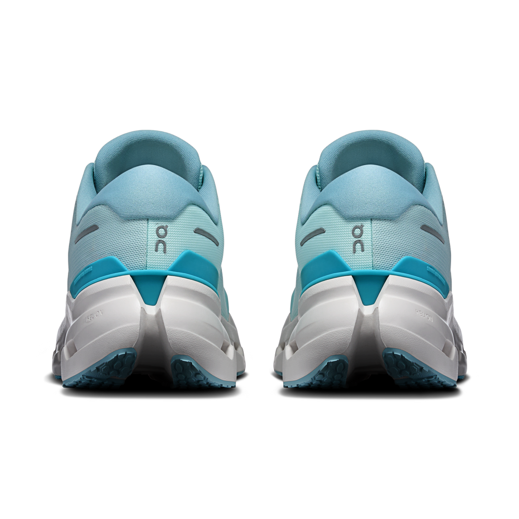 Men's On Cloudrunner 3 running shoes, rear view in light blue with teal heel