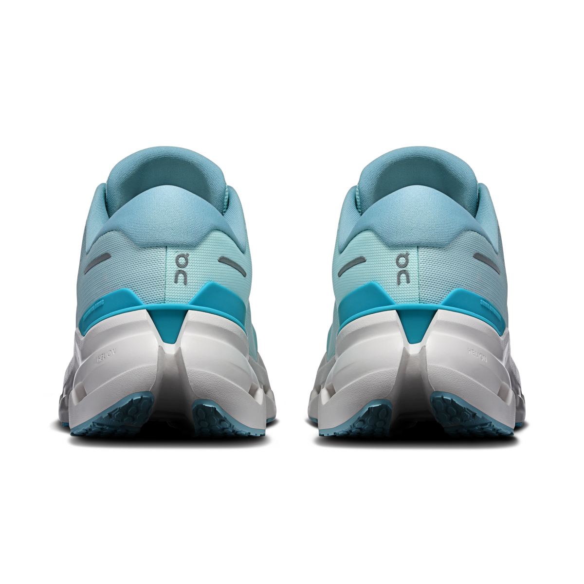 Men's On Cloudrunner 3 running shoes, rear view in light blue with teal heel