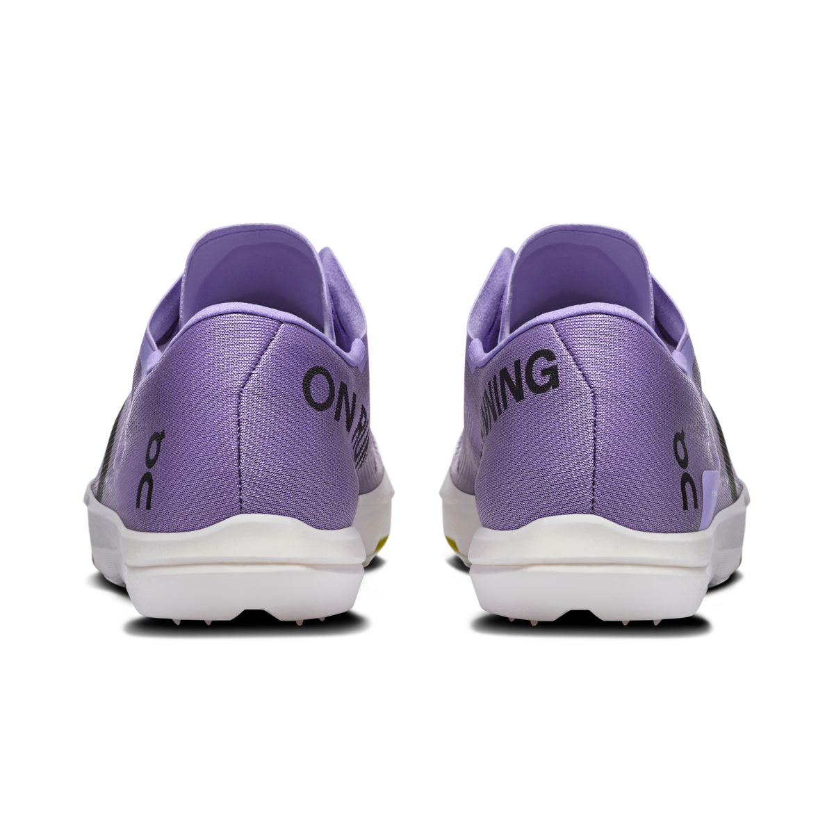 On Cloudspike Amplius 2 shoes, rear view; purple knit, padded heel, white midsole