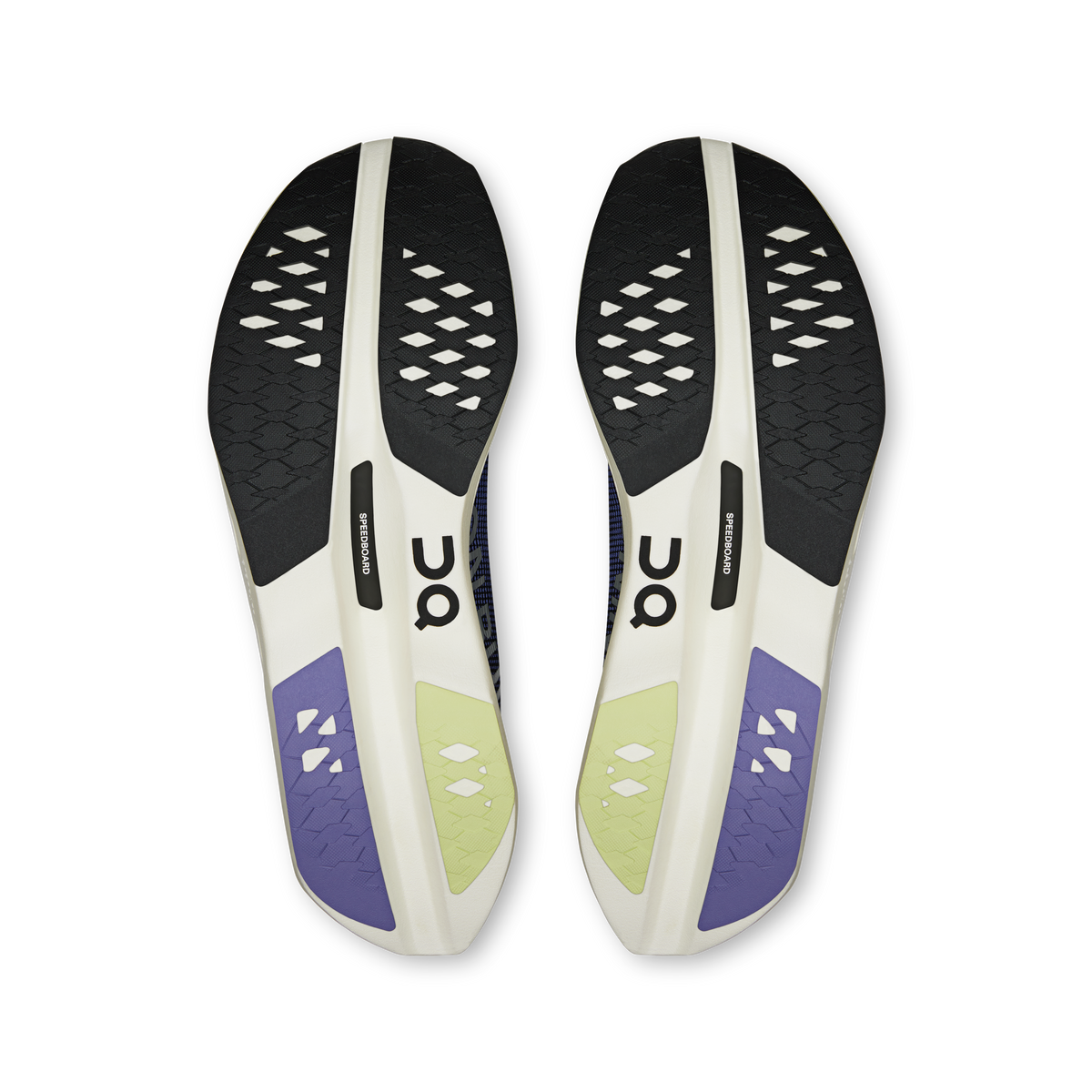 Shoe outsoles with white center panels and textured traction in black and purple