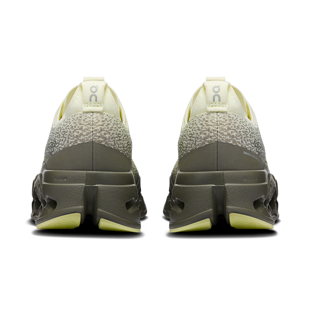 Back view of light olive knit running shoe with cushioned heel and CloudTec cutouts