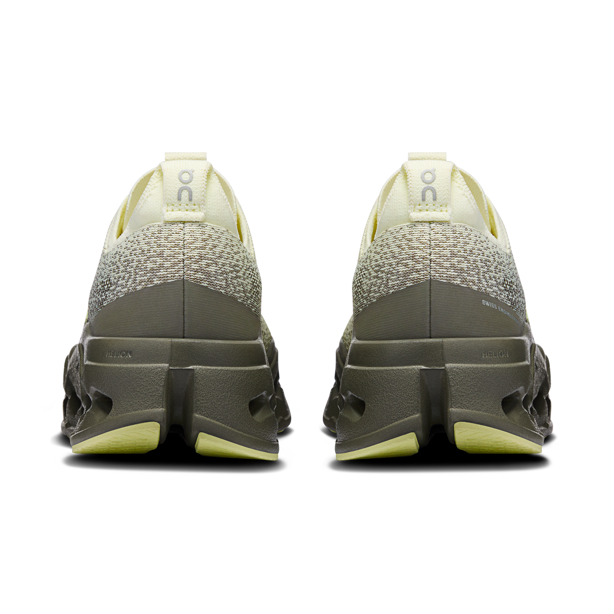Back view of light olive knit running shoe with cushioned heel and CloudTec cutouts