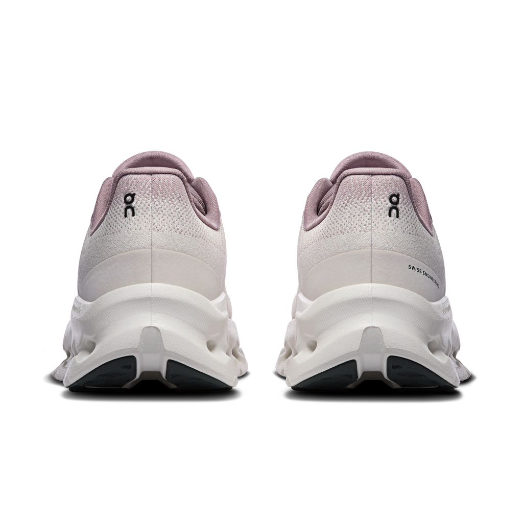 Women’s On running shoes rear view with light mauve heel and white cushioned sole