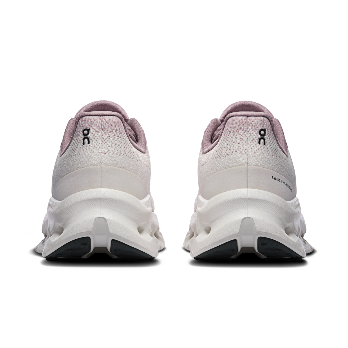 Women’s On running shoes rear view with light mauve heel and white cushioned sole
