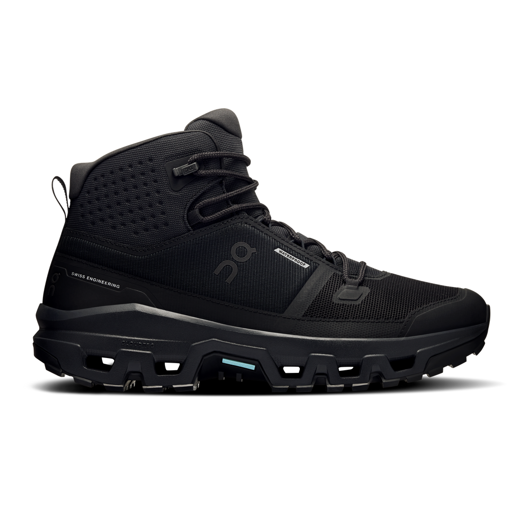Men's mid-top waterproof shoes in black with lace-up and padded collar