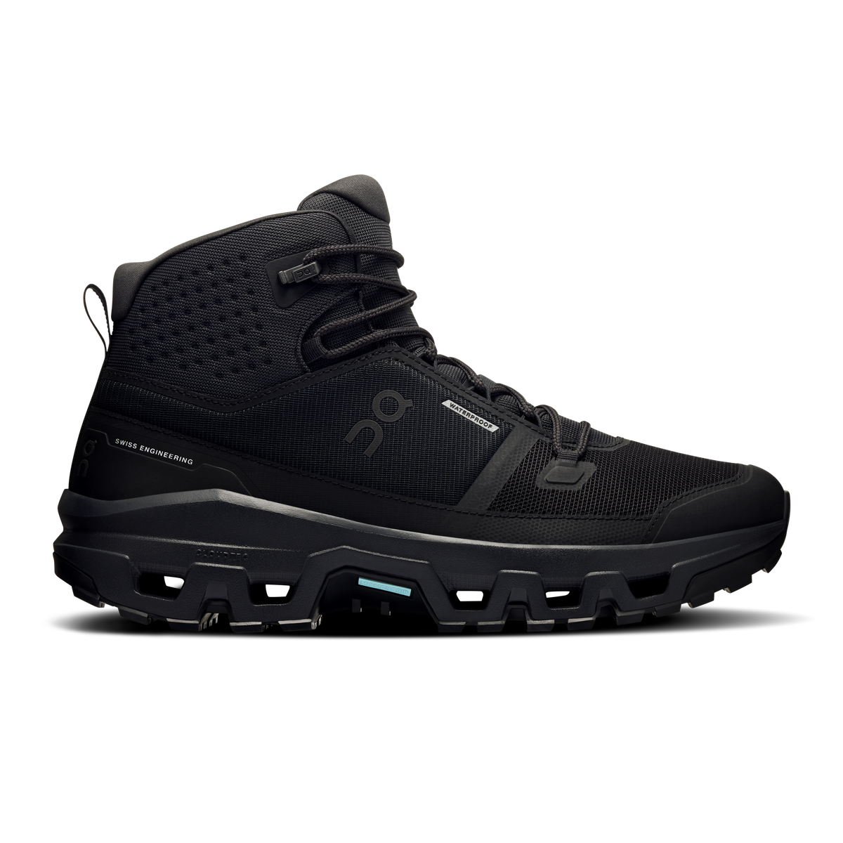 Men's mid-top waterproof shoes in black with lace-up and padded collar