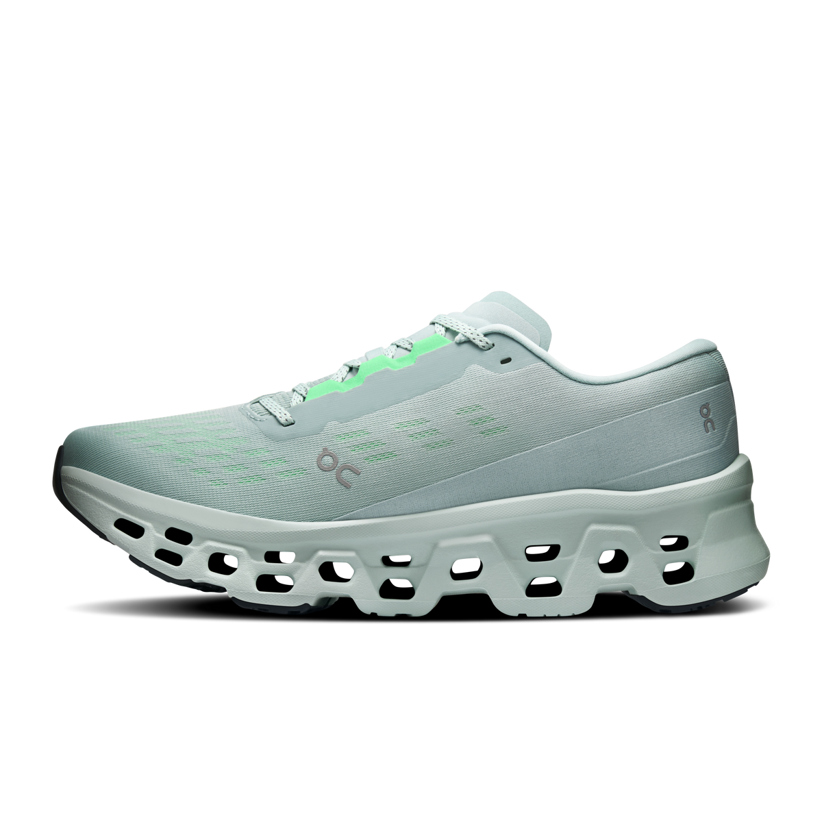Men's wide running shoes in light blue with green accents and CloudTec heel