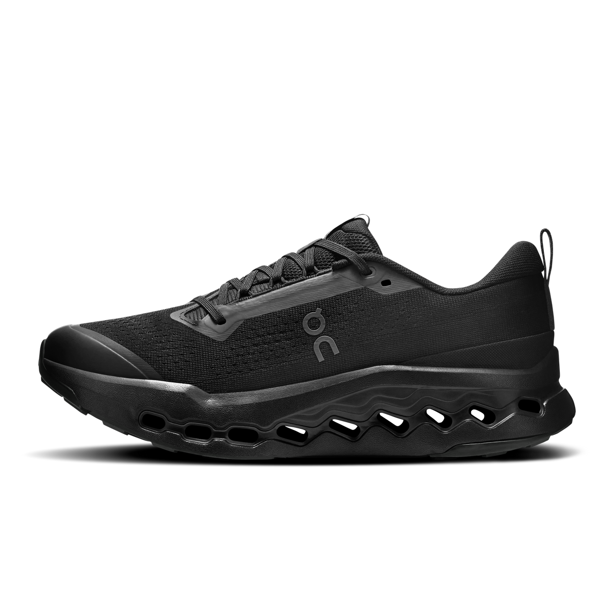 Men's black trail running shoes, angled profile with textured upper and rocker midsole
