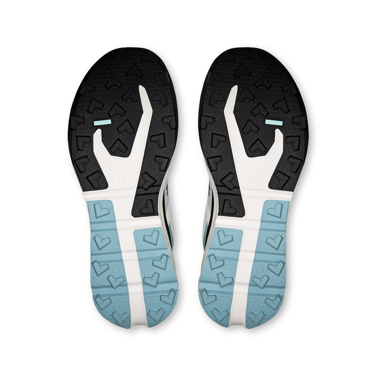 Pair of shoe outsoles with black tread and light-blue grip sections, underside view