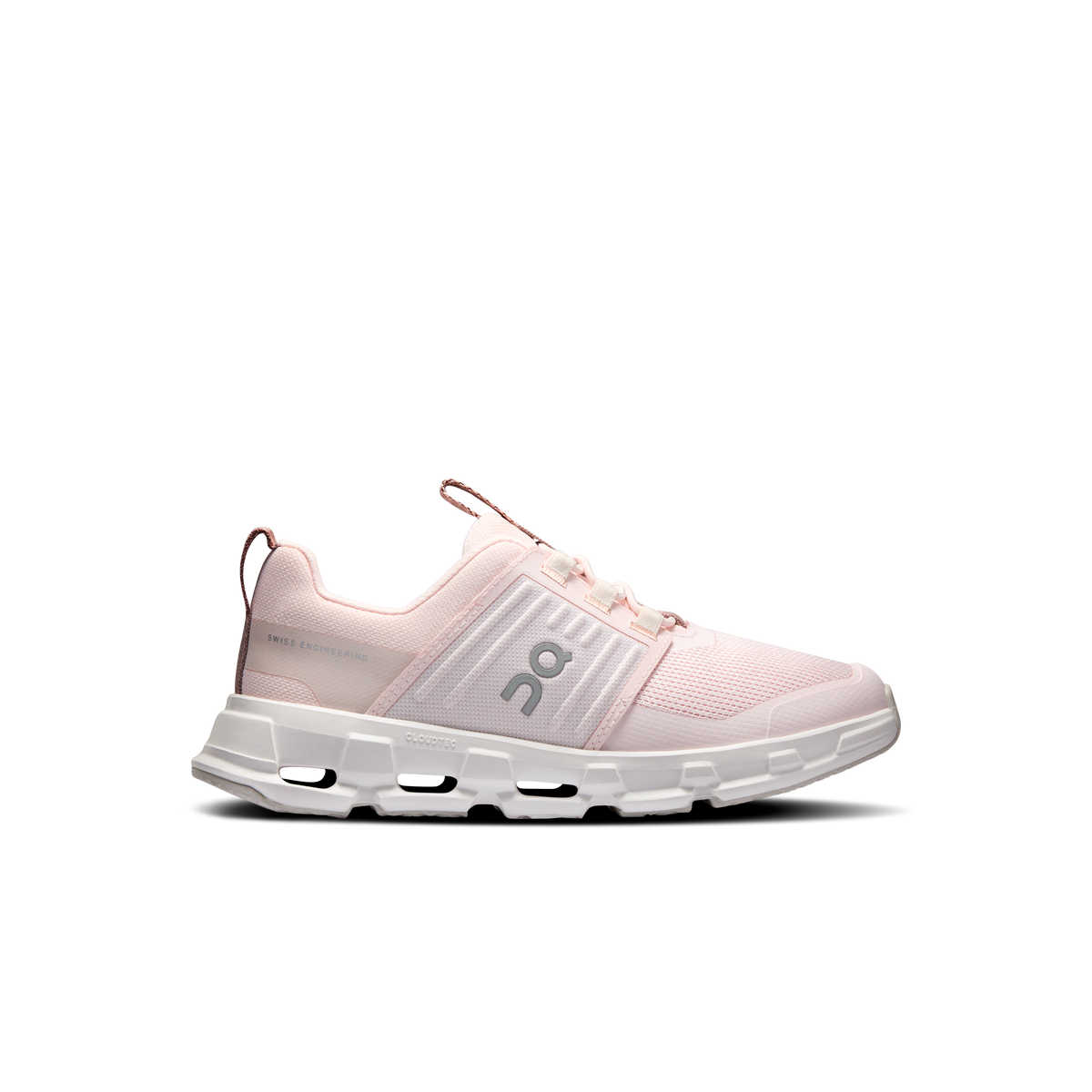 Kids' running shoes in pale pink mesh with white CloudTec sole, side view