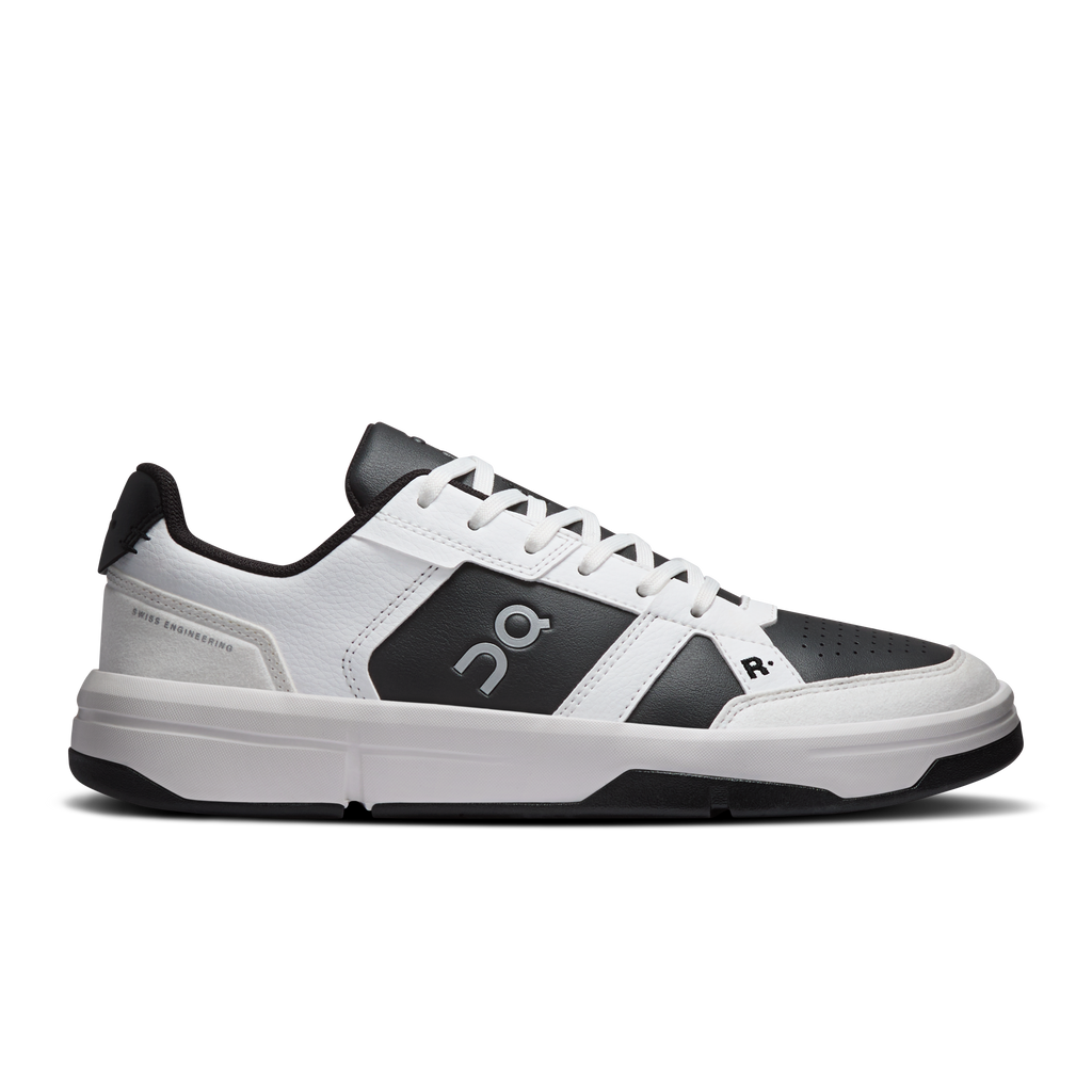 White and dark gray lace-up sneakers with On logo and cushioned sole
