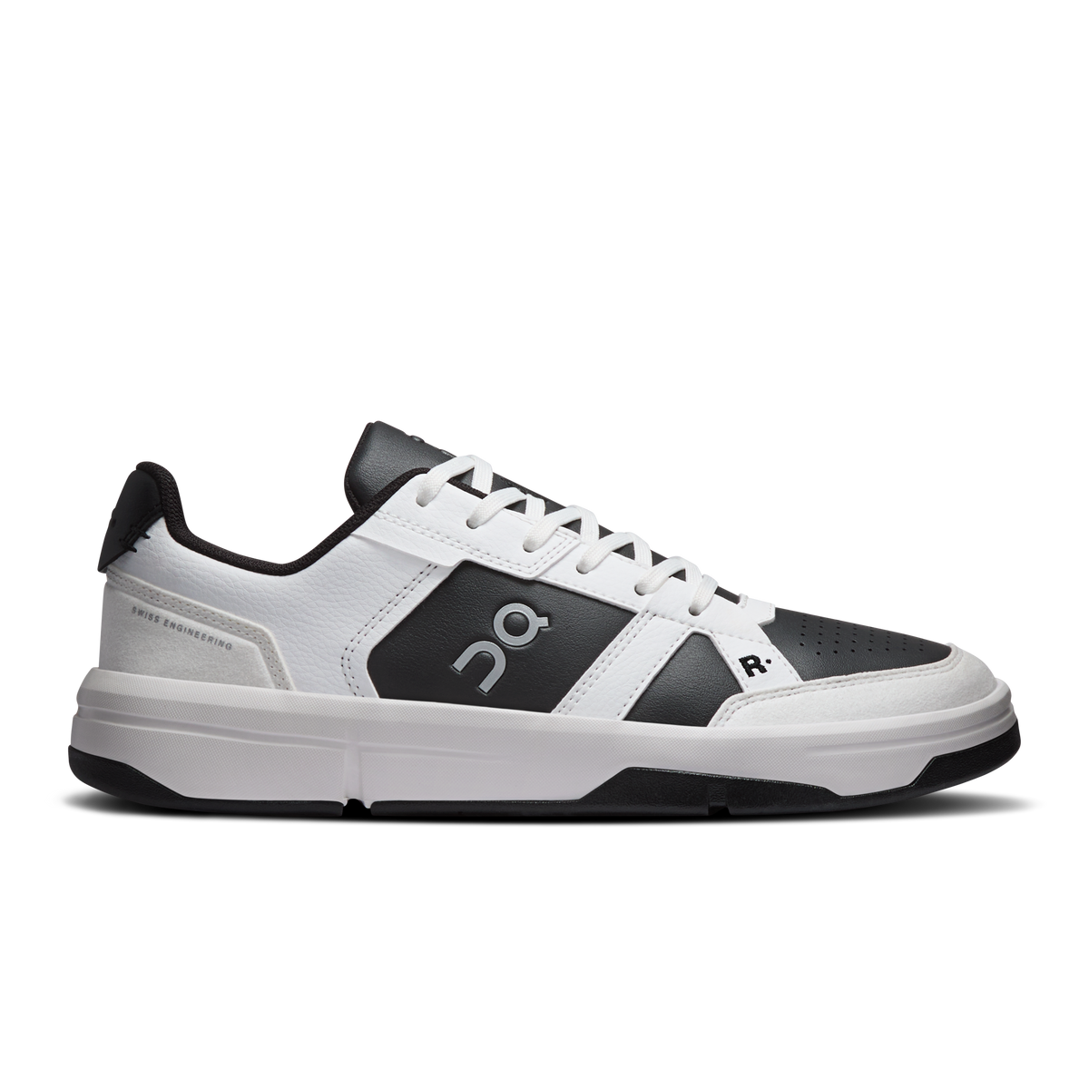 White and dark gray lace-up sneakers with On logo and cushioned sole