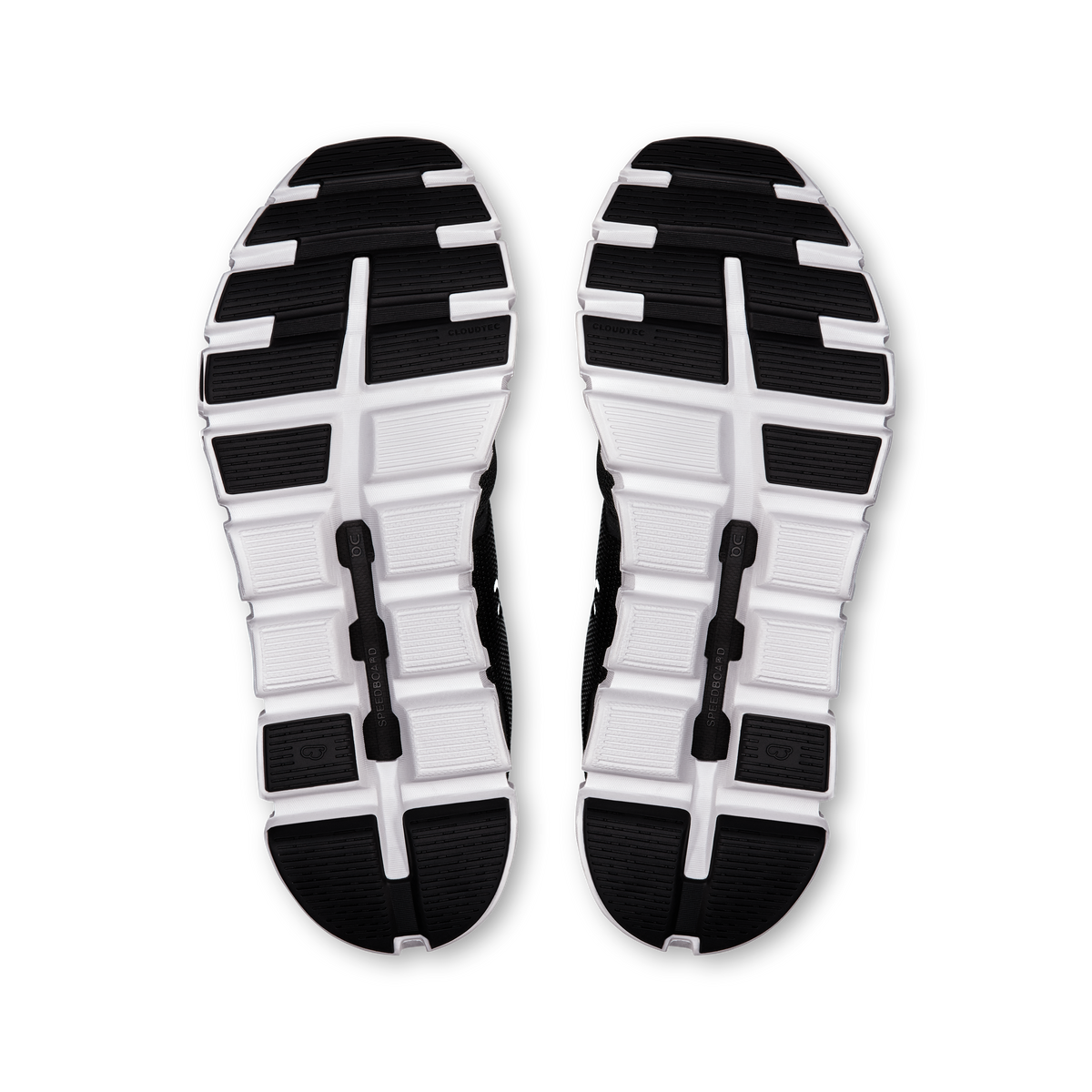 Women’s black and white running shoe outsoles shown front and back traction blocks