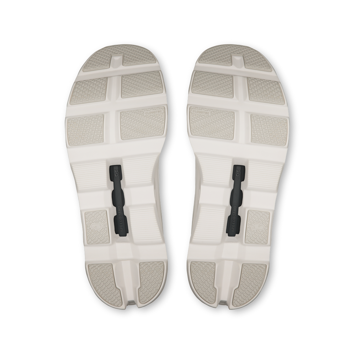 Pair of white shoe outsoles with tread blocks and CloudTec-style center pods